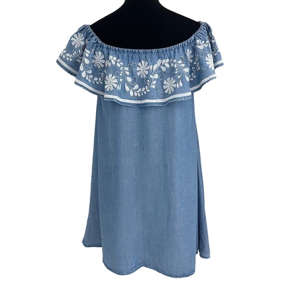 Rebecca Minkoff Dev Dress Size Small Off Shoulder Ruffle Chambray Embroidered - Picture 2 of 8